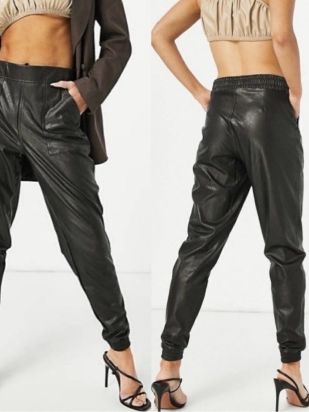 SPANX Leather Like Jogger Black High Rise Faux 20283R Pull On Pockets Size L
